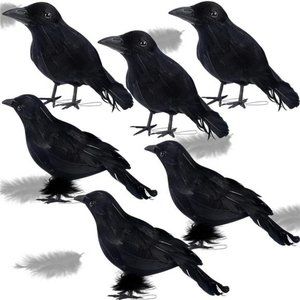 6 Pack Halloween Black Feathered Crows, Halloween Spooky Party Home Decorations